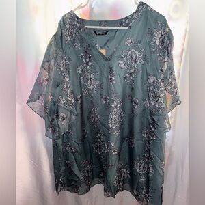 BloomChic Floral V-Neck Tunic Top With Sheer Sleeves  - Green